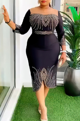 Black Casual Patchwork Hot Drill O Neck Wrapped Skirt Dresses