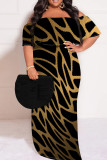 Black Green African Print Off Shoulder Short Sleeve Casual Plus Size Straight Maxi Dress
