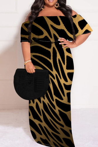 Black Gold African Print Off Shoulder Short Sleeve Casual Plus Size Straight Maxi Dress