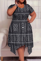 Gray White Tribal Print Crewneck Short Sleeve Asymmetrical Hem Casual Plus Size T Shirt Dress