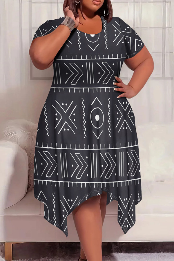 Gray White Tribal Print Crewneck Short Sleeve Asymmetrical Hem Casual Plus Size T Shirt Dress