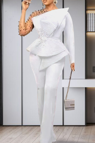 White Elegant Solid Color Patchwork See-Through Beading O Neck Long Sleeve Two Pieces