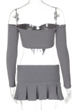 Grey Sexy Hot Solid Color Backless Belted Off Shoulder Long Sleeve Two Pieces