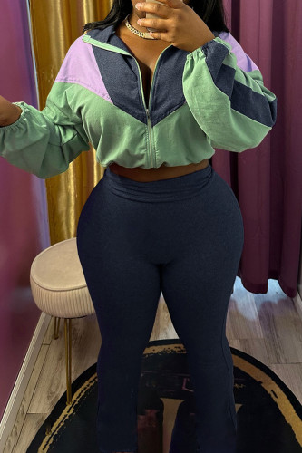 Green Colorblock Long Sleeve Zip Crop Jacket with High Waist Skinny Pants Casual Outfits Two Piece Trouser Set