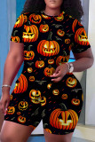 Orange Purple Plus Size Halloween Pumpkin Wizard Print Short Sleeve T Shirt and Short Casual Plus Size Two Piece Shorts Set