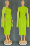 Green Elegant Solid Color Patchwork High Slit Hot Drill Zipper O Neck Long Dresses