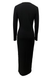 Black Elegant Solid Color Patchwork Deep V Neck Long Dresses