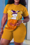 Orange Purple Plus Size Halloween Pumpkin Wizard Print Short Sleeve T Shirt and Short Casual Plus Size Two Piece Shorts Set