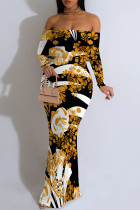 Yellow Black Sexy Floral Print Stripe Contrast Off Shoulder Printed Dresses