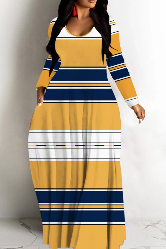 Orange Striped Print V Neck Long Sleeve Casual Vacation Plus Size Maxi Dress