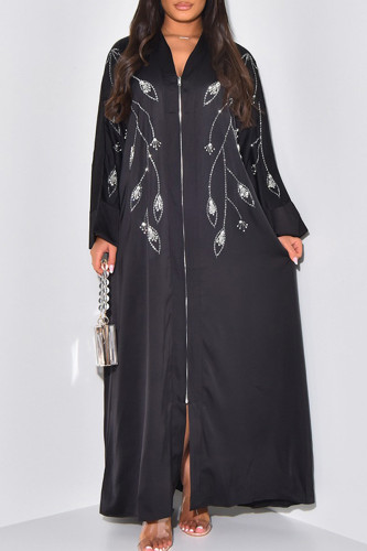 Black Hot Drill Long Sleeve Loose Embroidered Leaf Long Cardigan Coat
