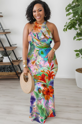 Pink Purple Floral Print Hollow Out O Neck Sleeveless Plus Size Vacation Halter Bodycon Maxi Dress
