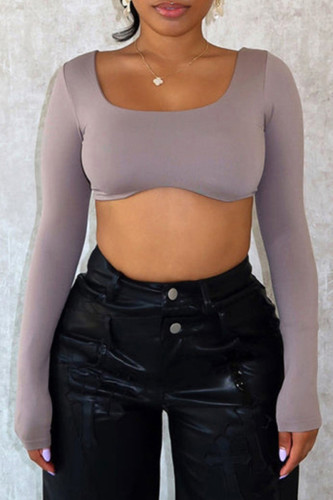 Brown Solid Color Patchwork U Neck Tops