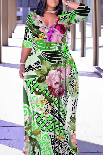 Green Boho Floral Print Deep V Neck 3/4 Sleeves Plus Size Straight Loose Maxi Dres