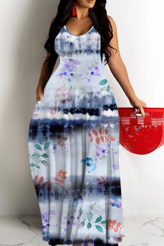 Dark Blue Blue White Floral Print Sleeveless Backless Spaghetti Strap Casual Vacation Loose Maxi Dress