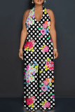 Black And White Pink Floral Print Deep V Neck Sleeveless Casual Vacation Halter Wide Leg Jumpsuit