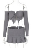 Grey Sexy Hot Solid Color Backless Belted Off Shoulder Long Sleeve Two Pieces