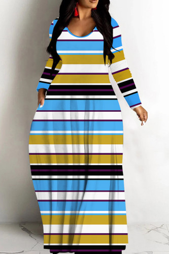 Yellow Blue Striped Print V Neck Long Sleeve Casual Vacation Plus Size Maxi Dress