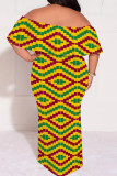 Black Green African Print Off Shoulder Short Sleeve Casual Plus Size Straight Maxi Dress