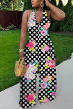 Black And White Pink Floral Print Deep V Neck Sleeveless Casual Vacation Halter Wide Leg Jumpsuit