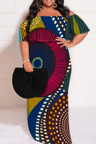 Colour African Print Off Shoulder Short Sleeve Casual Plus Size Straight Maxi Dress