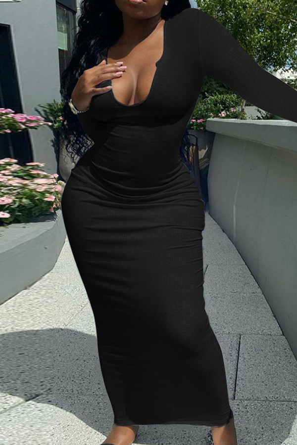 Black Elegant Solid Color Patchwork Deep V Neck Long Dresses