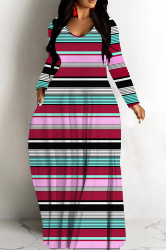 Lake Blue V Neck Long Sleeve Casual Plus Size Vacation Straight Loose Striped Maxi Dress