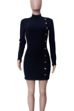 Grey Casual Solid Color Buttons Patchwork Half A Turtleneck Wrapped Skirt Dresses