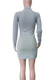 Grey Casual Solid Color Buttons Patchwork Half A Turtleneck Wrapped Skirt Dresses