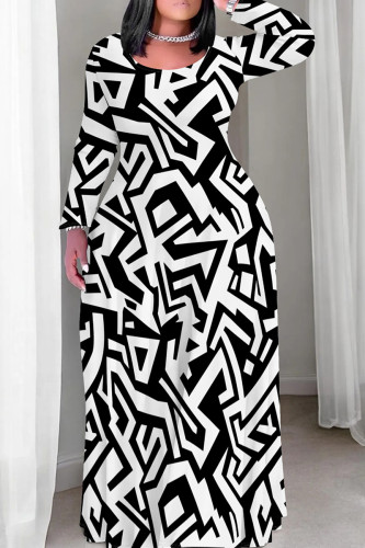 Black And White Casual Print Patchwork O Neck Straight Plus Size Dresses