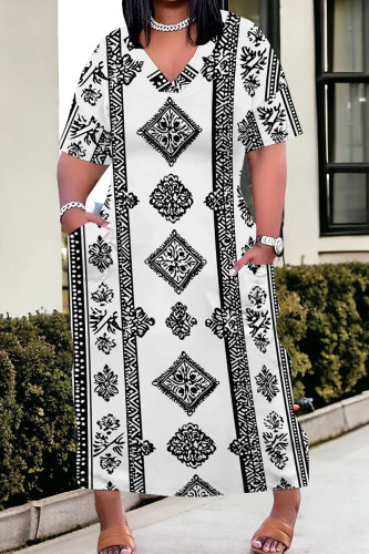 White Black Casual Print Pocket Patchwork V Neck Straight Plus Size Dresses