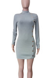 Grey Casual Solid Color Buttons Patchwork Half A Turtleneck Wrapped Skirt Dresses