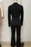 Black Casual Solid Color Patchwork Zipper Zipper Collar Long Sleeve Two Pieces
