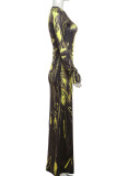 Yellow Elegant Solid Color Patchwork Ruched O Neck Long Dresses