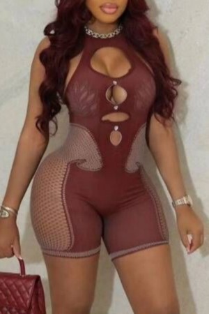 Coffee Sexy Hot Solid Color Hollow Out O Neck Skinny Rompers