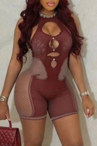 Coffee Sexy Hot Solid Color Hollow Out O Neck Skinny Rompers