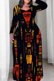 Red Yellow Casual Print Patchwork O Neck Straight Plus Size Dresses