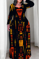 Red Yellow Casual Print Patchwork O Neck Straight Plus Size Dresses