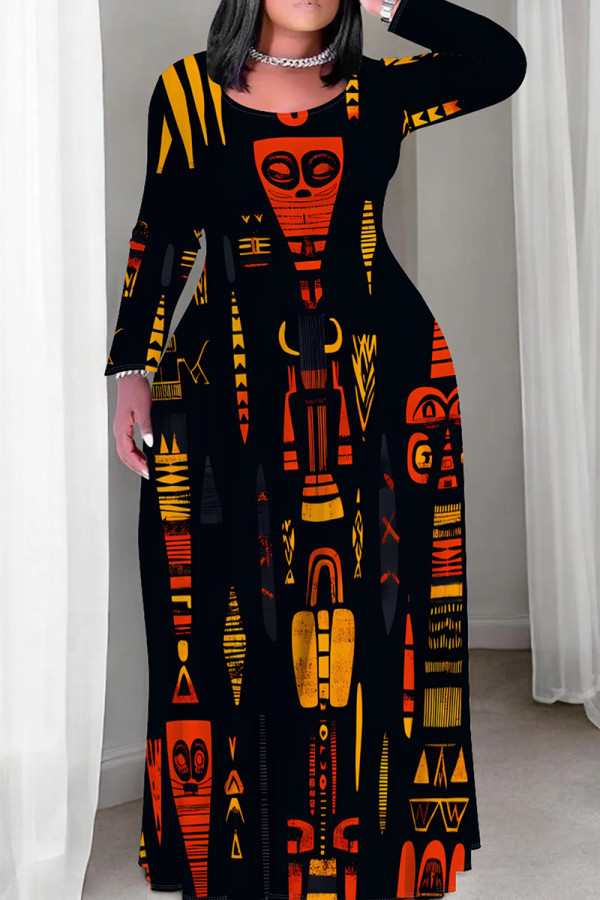 Red Yellow Casual Print Patchwork O Neck Straight Plus Size Dresses