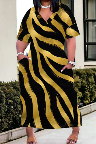 Black Gold Casual Print Pocket Patchwork V Neck Straight Plus Size Dresses