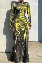 Yellow Elegant Solid Color Patchwork Ruched O Neck Long Dresses