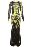 Yellow Elegant Solid Color Patchwork Ruched O Neck Long Dresses