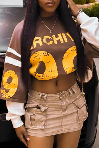 Brown Casual Print Patchwork O Neck Tops