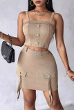 Light Coffee Sexy Solid Color Buttons Patchwork Spaghetti Strap Sleeveless Two Pieces