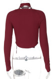 Burgundy Casual Solid Color Patchwork O Neck Tops