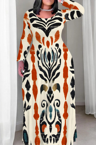 Cream White Casual Print Patchwork O Neck Straight Plus Size Dresses