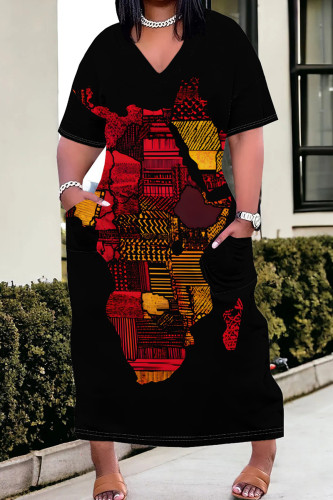 Black Red Casual Print Pocket Patchwork V Neck Straight Plus Size Dresses