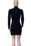 Grey Casual Solid Color Buttons Patchwork Half A Turtleneck Wrapped Skirt Dresses