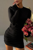 Black Sexy Solid Color Patchwork Flower Shape O Neck Wrapped Skirt Dresses