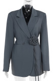 Black Casual Solid Color Pocket Patchwork Flowers Turn-back Collar Outerwear